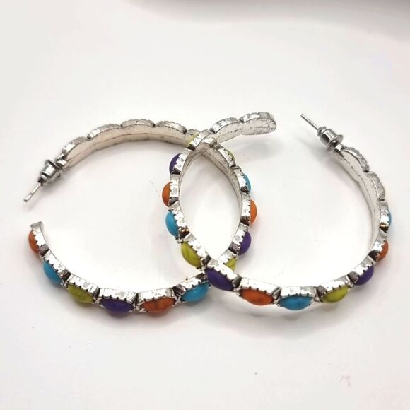 New FREE PEOPLE Buckaroo C shaped hoop multi color turquoise earrings - Picture 5 of 8